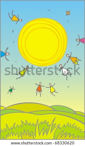 Vector cartoon landscape with flying people