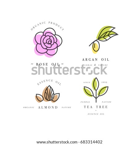 Vector set of packaging design templates and emblems and badges. Beauty and cosmetics oils - argan, rose, almond and tea tree. Logos in trendy linear style Royalty-Free Stock Photo #683314402