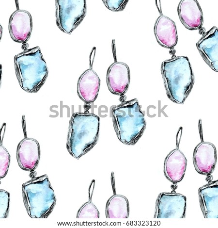 Watercolor illustration earrings silver with natural stones, art paiting fashion jewelry. pattern on white