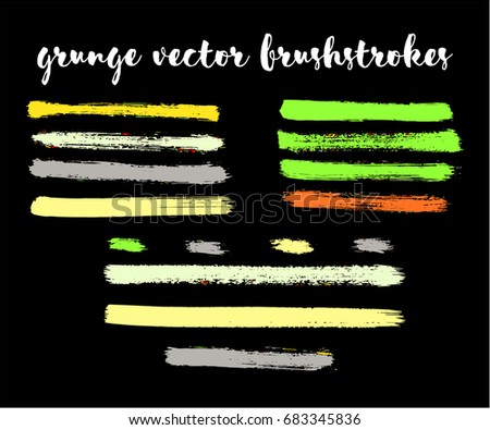 Bright colored vector brush strokes, hand painted ink lines set. Textured acrylic stickers, rough grungy stains or shapes. Abstract creative vector watercolor splatter drawing, modern freehand smears.