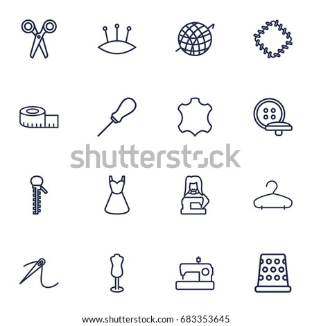 Set Of 16 Sewing Outline Icons Set.Collection Of Pincushion, Dummy, Hanger And Other Elements.
