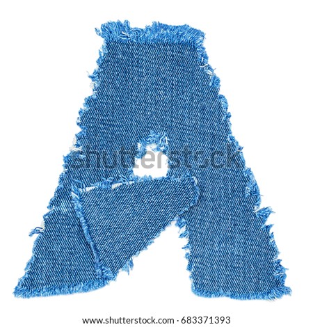 A letter cut from denim fabric isolated on white background. Ripped torn denim jeans frame 