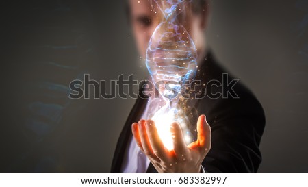 close up of Businessman holding glowing DNA helix with energy sparks - business, creation, genetics, future and science concept Royalty-Free Stock Photo #683382997