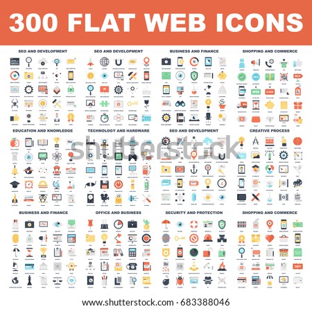 300 Flat web icons - SEO and development, creative process, business and finance, office and business, security and protection, shopping and commerce, education and knowledge, technology and hardware Royalty-Free Stock Photo #683388046