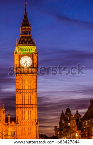 Big Ben Clock Tower at night - London travel. Parliament house at city of Westminster, London, England, Great Britain, UK. 