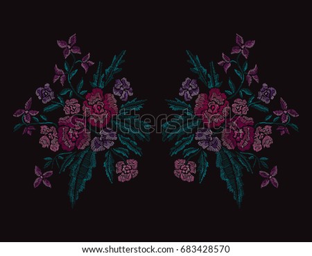 Elegant hand drawn decoration with flowers in embroidery style, design element. Editable colors