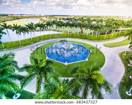 Fountain in the center of a roundabout Aerial skyline, birds eye shot in Florida , USA