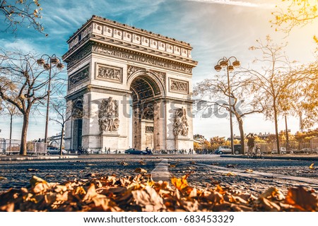 Arc de Triomphe located in Paris, in autumn scenery. Royalty-Free Stock Photo #683453329