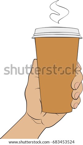 A cup of coffee or tea in his hand. With you, take-away. Hot delicious drink. Isolated on white background