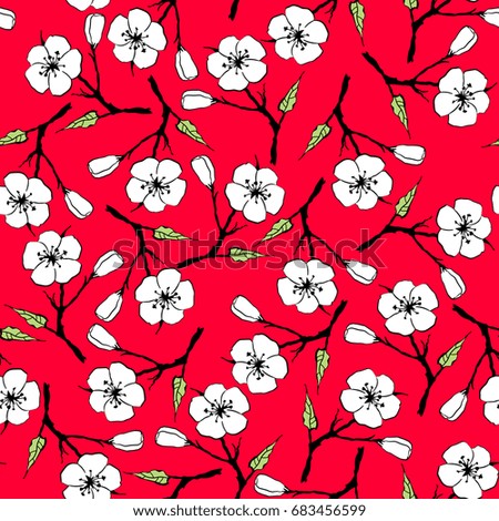 Seamless floral pattern. White apricot blossom and green leaves on bright red background. 