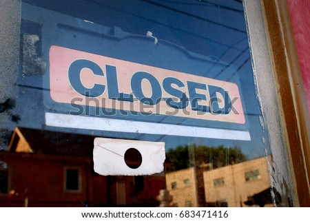 Store Entrance Sign - CLOSED On Door Window - Vintage / Old Building, Bold Letters, Red Sign - Front Of Shop