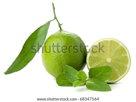 Ripe lime with green leaf and mint. Isolated on white. Focus on mint