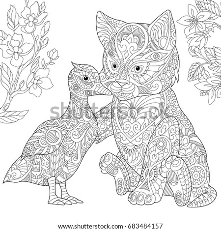 Coloring page. Cat and duck embracing each other. Freehand sketch drawing for adult antistress colouring book in zentangle style.