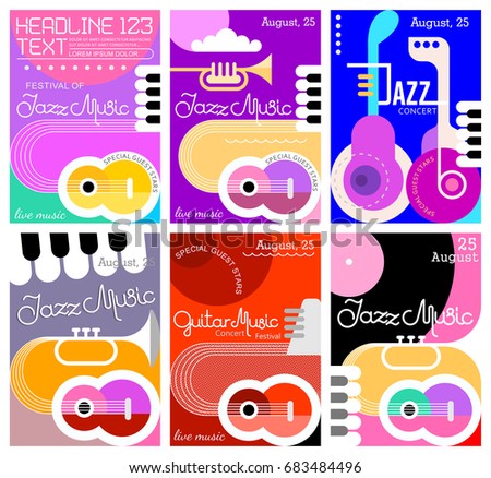 Set of six different Music Festival poster template designs. Vector layouts, applicable for banners, leaflets, placards, brochures, etc., size A4.