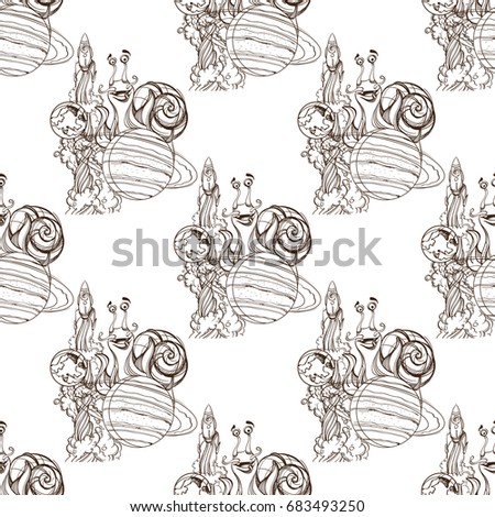 Seamless pattern of contour images of the spacecraft and fun snail.