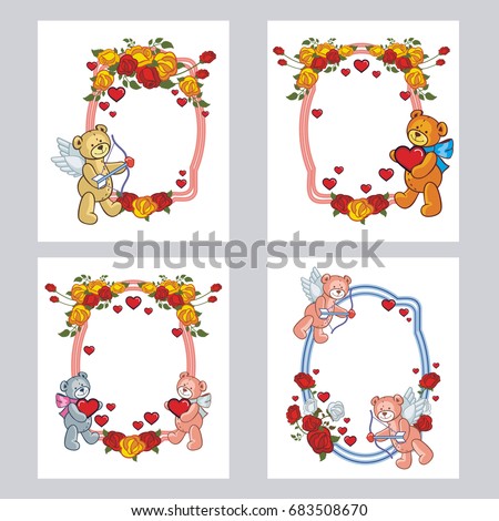Set of cute labels with roses and teddy bear holding a big heart. Copy space. Vector clip art.