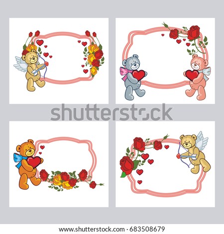 Set of cute labels with roses and teddy bear holding a big heart. Copy space. Vector clip art.
