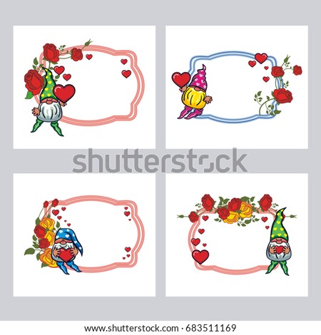 Set of labels with roses and cute gnome holding heart. Design element for holiday decorations, greetings, Valentine day and birthday cards. Vector clip art.