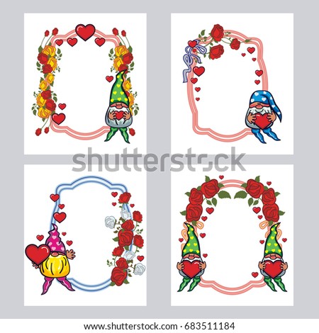Set of labels with roses and cute gnome holding heart. Design element for holiday decorations, greetings, Valentine day and birthday cards. Vector clip art.