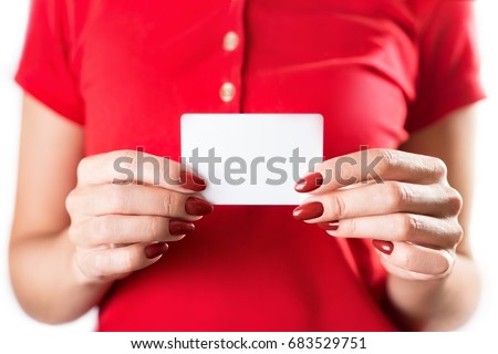 Woman hands holding a white card or a ticket/flyer, isolated on white background
