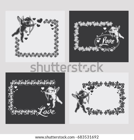 Set of frames with silhouettes of Cupid, roses and hearts. Design element for greeting card. Vector clip art.