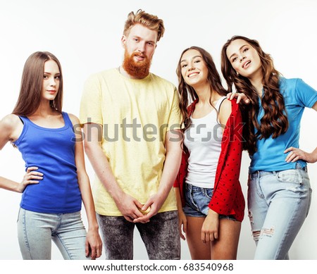 company of hipster guys, bearded red hair boy and girls students having fun together friends, diverse fashion style, lifestyle people concept isolated on white background