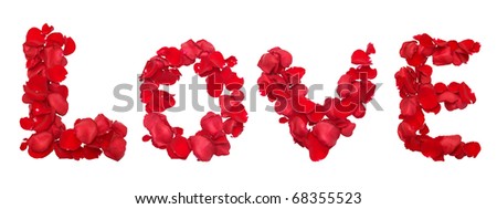 Red rose petals set in word LOVE