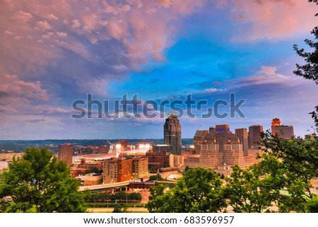 The Cincinnati, Ohio skyline downtown along the Ohio River.