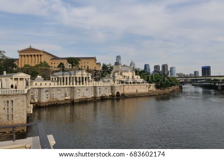 View of the old water works with the  Philadelphia Museum of Art and part of the Philadelphia skyline. The Schuylkill River is in the foreground.