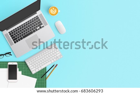 Modern workspace with coffee cup, notebook, smartphone and laptop copy space on Blue color background. Top view. Flat lay style.