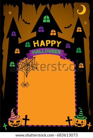Happy Halloween background design with castle and pumpkin on orange background