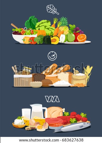 Foods with health benefits. Simple illustrations for Nutrition. The introduction of a balanced diet. Each type of food that the body should be in a day.