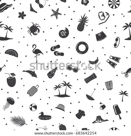 black and white summer time beach travel items decoration seamless pattern