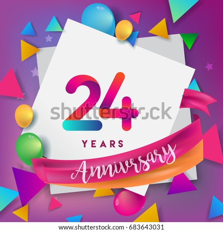 24th Years Anniversary Celebration Design, balloons and ribbon, Colorful design elements for banner, invitation, greeting card your twenty four birthday celebration party.