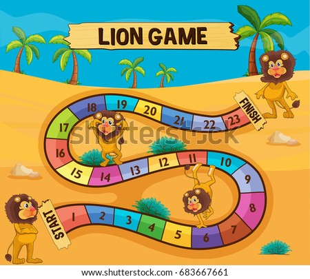 Boardgame template with lions in desert illustration