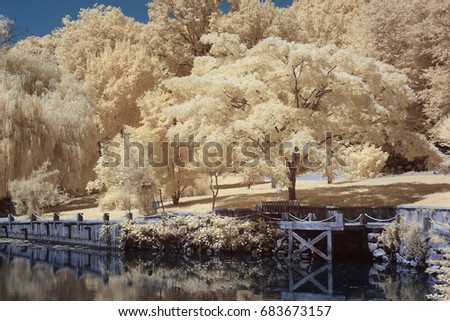Infrared Landscape with Reflection on the Lake and Clear Sky