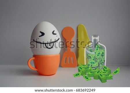 Eggs with face. Concept of early breakfast. Previously awakening. Good morning happy. Photo for your design. Glass bank with dollars. Security finance concept