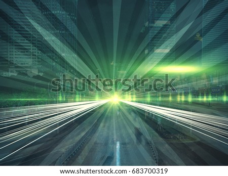 Abstract image of green road on city background. Motion concept. Double exposure 