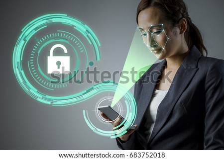 Facial Recognition System of smart phone. Biometrics concept. Royalty-Free Stock Photo #683752018