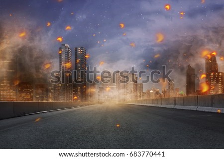 Portrait of disaster with fires and debris in the city