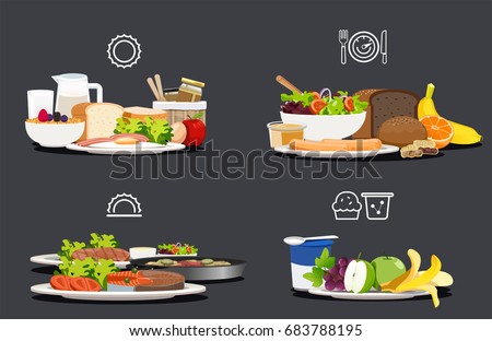 Sample food at each meal. Foods with health benefits. Advise of a balanced diet. Each type of food that the body should be in a day. Royalty-Free Stock Photo #683788195