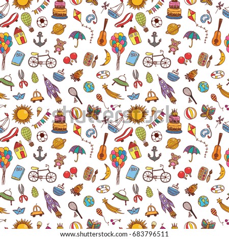 Vector hand drawn seamless pattern with doodle kids elements.