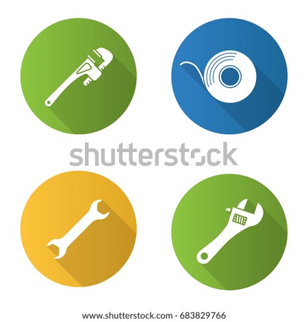 Construction tools flat design long shadow glyph icons set. Monkey wrench, spanners, adhesive tape roll. Vector silhouette illustration