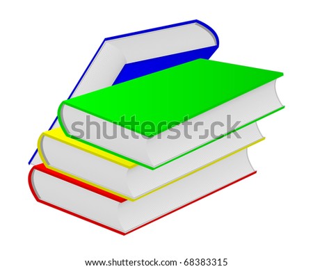 A few books of different color are located on a white background. Books are built in a pile. Four books.