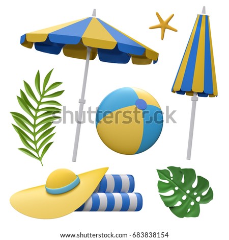 3d render, decorative paper craft, beach umbrella, hat, ball, vacation design elements, summer holiday clip art set, isolated on white background