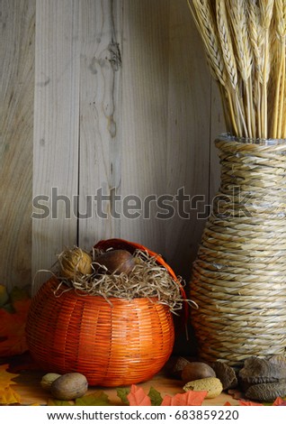 Rustic fall still life with pumpkin  shaped basket beside a rush wrapped vase. Pecans and autumn leaves added. Background is weathered wood. Side lighting used to enhance textures.