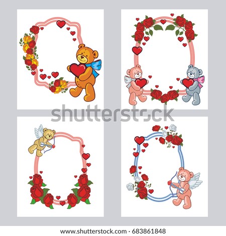 Set of greeting cards with roses and teddy bear holding a big heart. Copy space.Raster clip art.