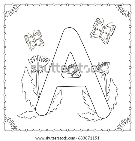 Alphabet coloring page. Capital letter "A" with flowers, leaves and butterfly. Vector illustration.
