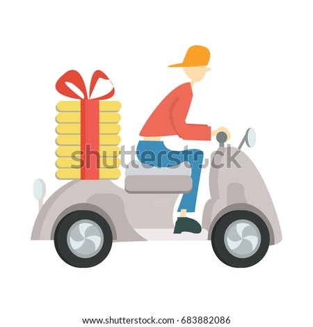 Pizza delivery on a scooter. Man driving a moped. Vector illustration, isolated on white background.