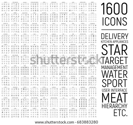 Exclusive 1600 thin line icons set. Big package of modern minimalistic pictograms for mobile UI/UX kit, infographics and web sites. High quality delivery, meat, water, sport, target and other signs Royalty-Free Stock Photo #683883280
